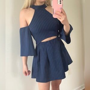 Navy Blue Pinstripe A-Line Halter Dress with Bell Sleeves